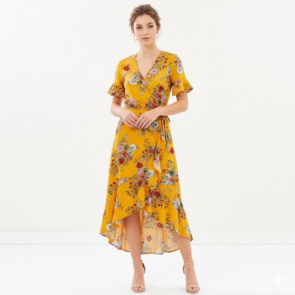 bleuh ciel Yellow Floral Wrap High-Low Dress